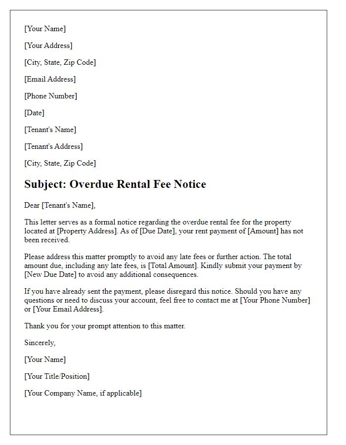 Letter template of overdue rental fee correspondence