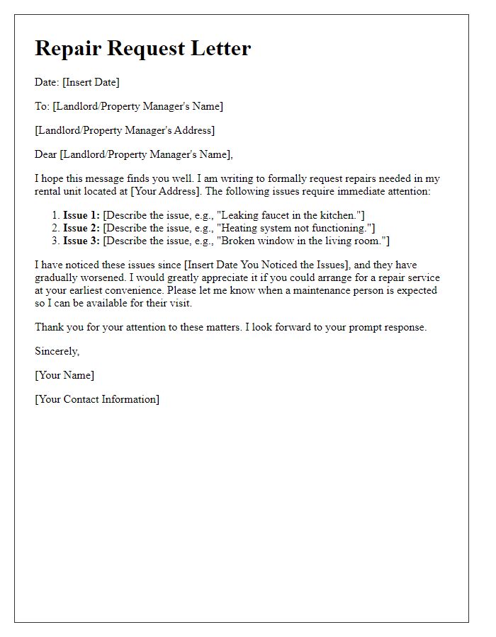 Letter template of Detailed Repair Request from Tenant