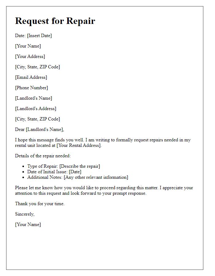 Letter template of Formal Repair Request for Rental Property