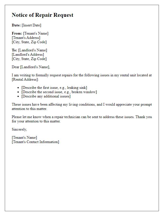 Letter template of Notice of Repair Request from Tenant