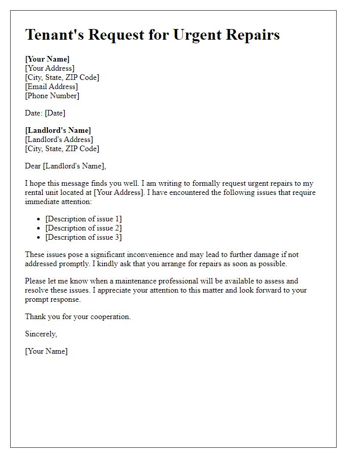 Letter template of Tenant's Request for Urgent Repairs