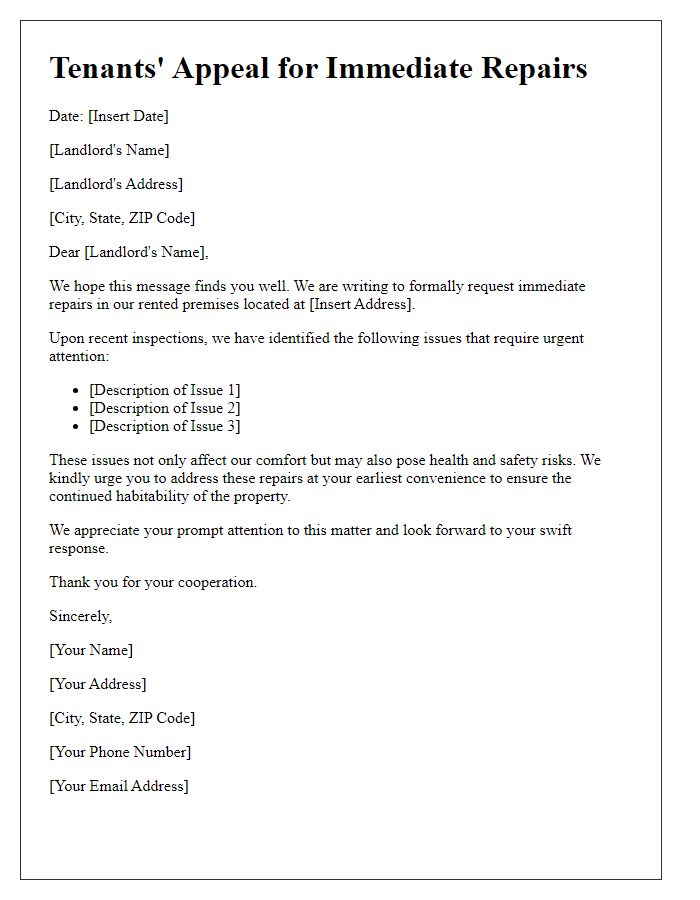 Letter template of Tenants Appeal for Immediate Repairs