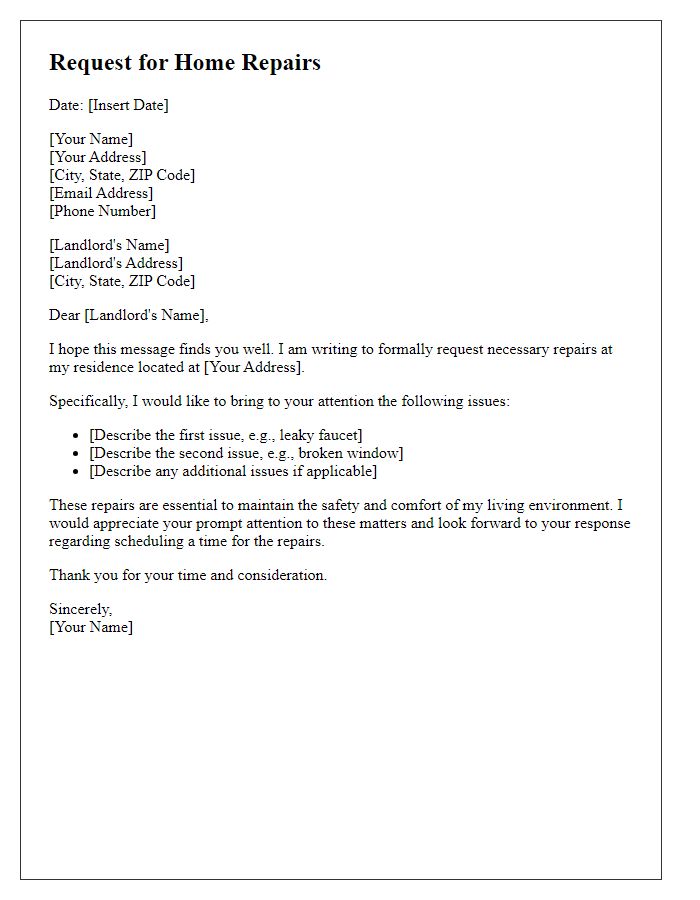 Letter template of Written Request for Home Repairs by Tenant