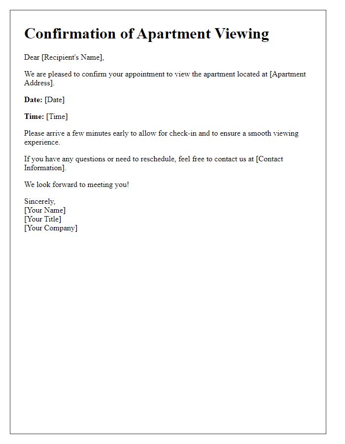Letter template of confirmation for an apartment viewing