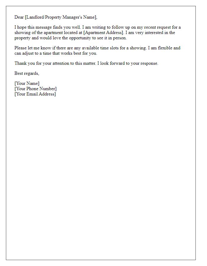 Letter template of follow-up for apartment showing request