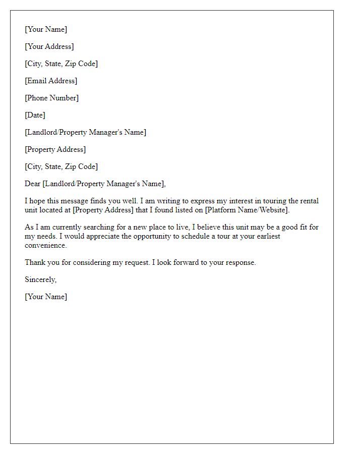 Letter template of interest in touring a rental unit