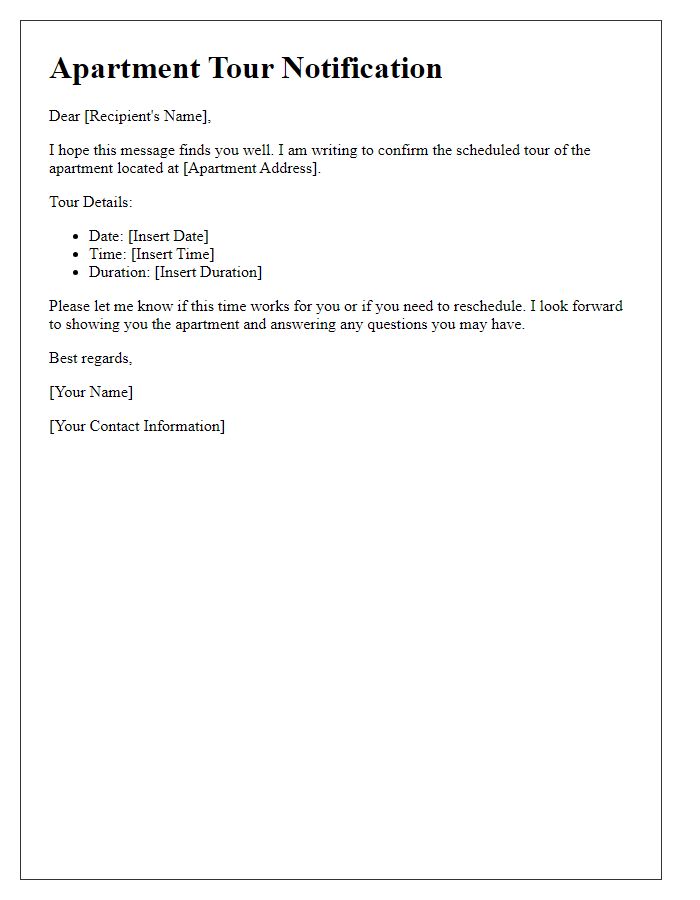 Letter template of notification for desired apartment tour