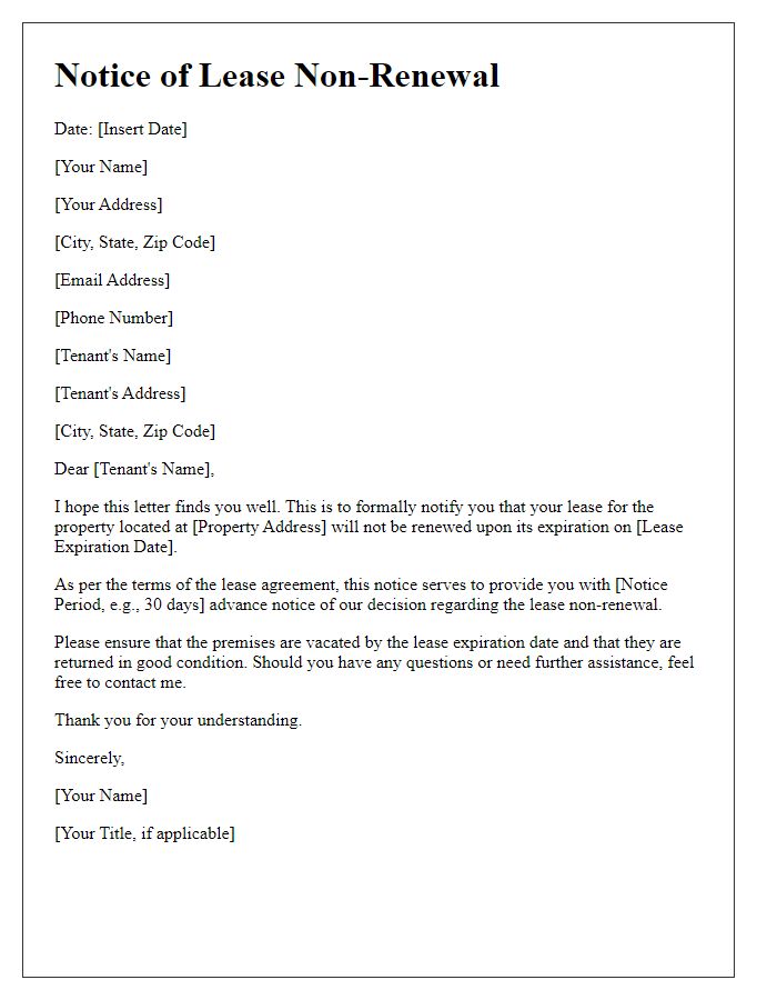 Letter template of notifying lease non-renewal.