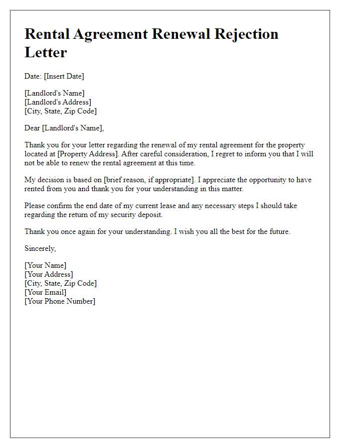 Letter template of rental agreement renewal rejection.