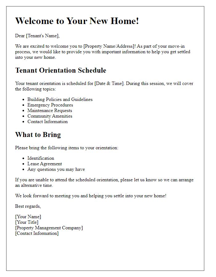 Letter template of tenant orientation letter