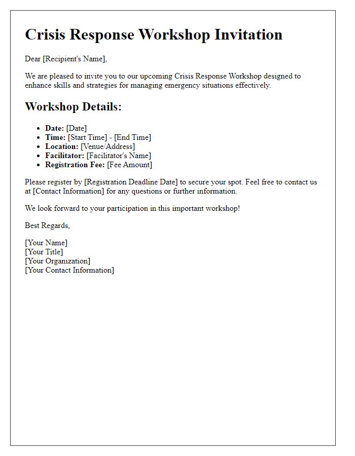 Letter template of crisis response workshop details