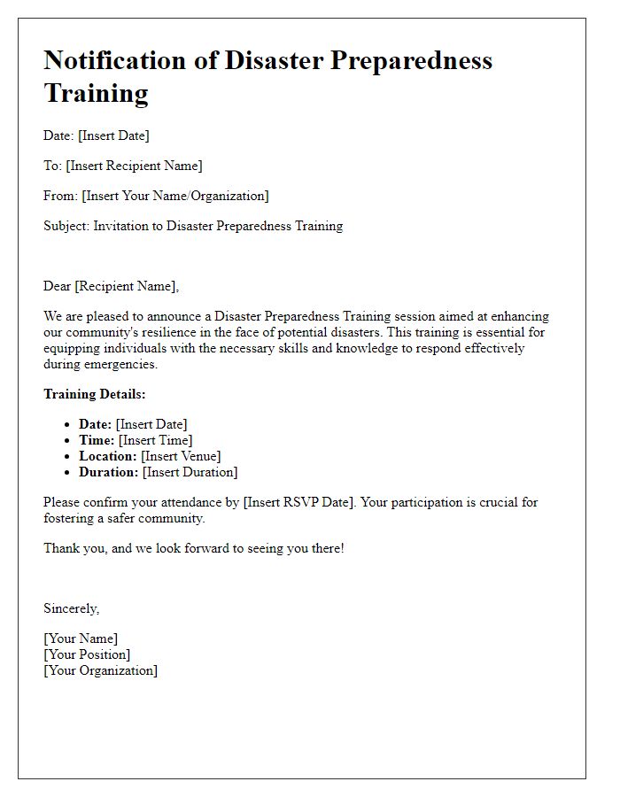 Letter template of disaster preparedness training notification