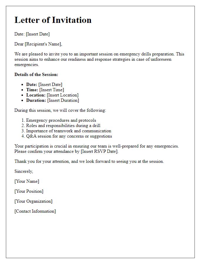 Letter template of emergency drills preparation session