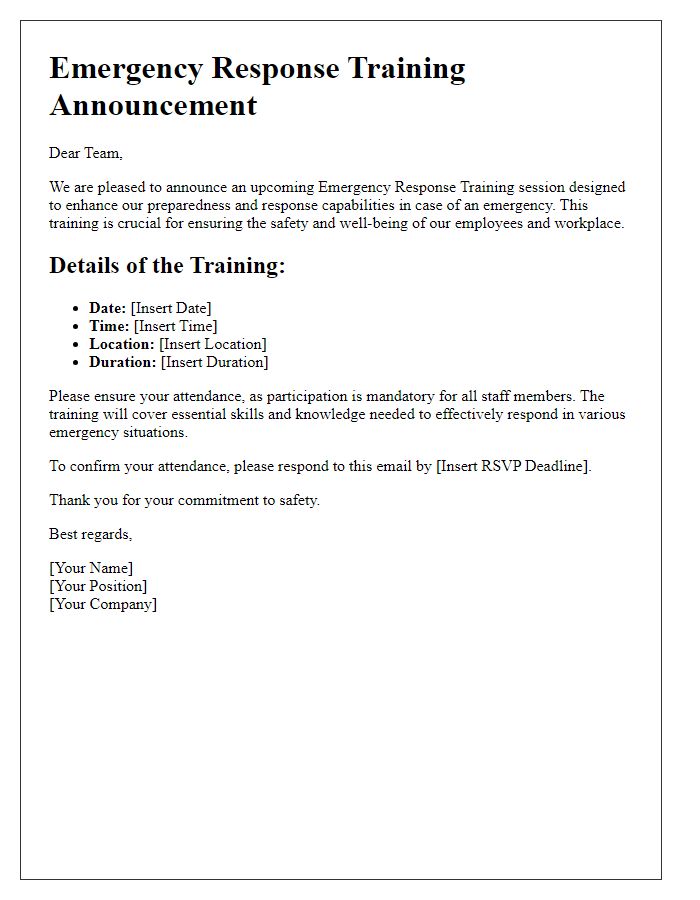 Letter template of emergency response training announcement