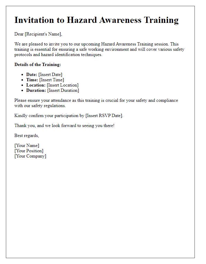 Letter template of hazard awareness training invitation