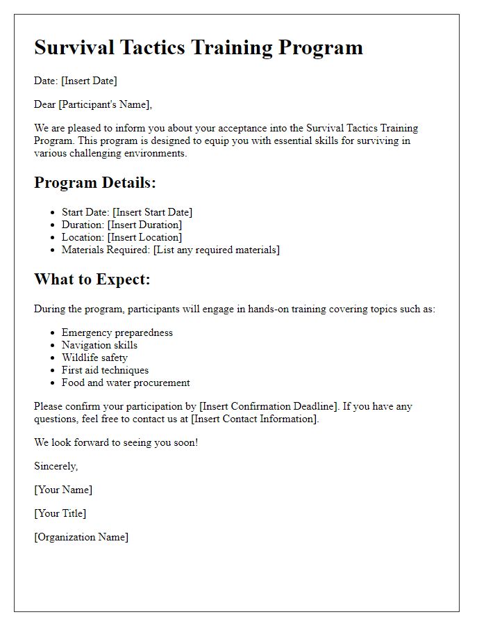 Letter template of survival tactics training program