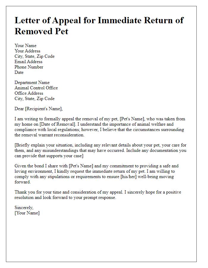 Letter template of appeal for immediate return of removed pet