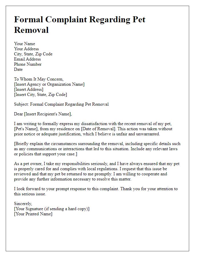 Letter template of formal complaint regarding pet removal