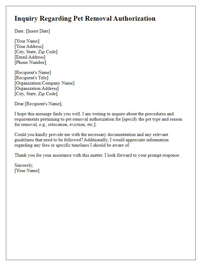 Letter template of inquiry regarding pet removal authorization