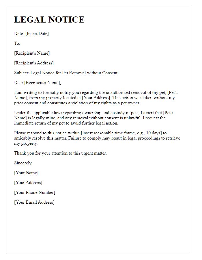 Letter template of legal notice for pet removal without consent