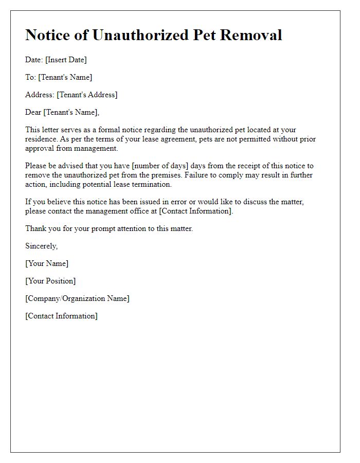 Letter template of notice for unauthorized pet removal