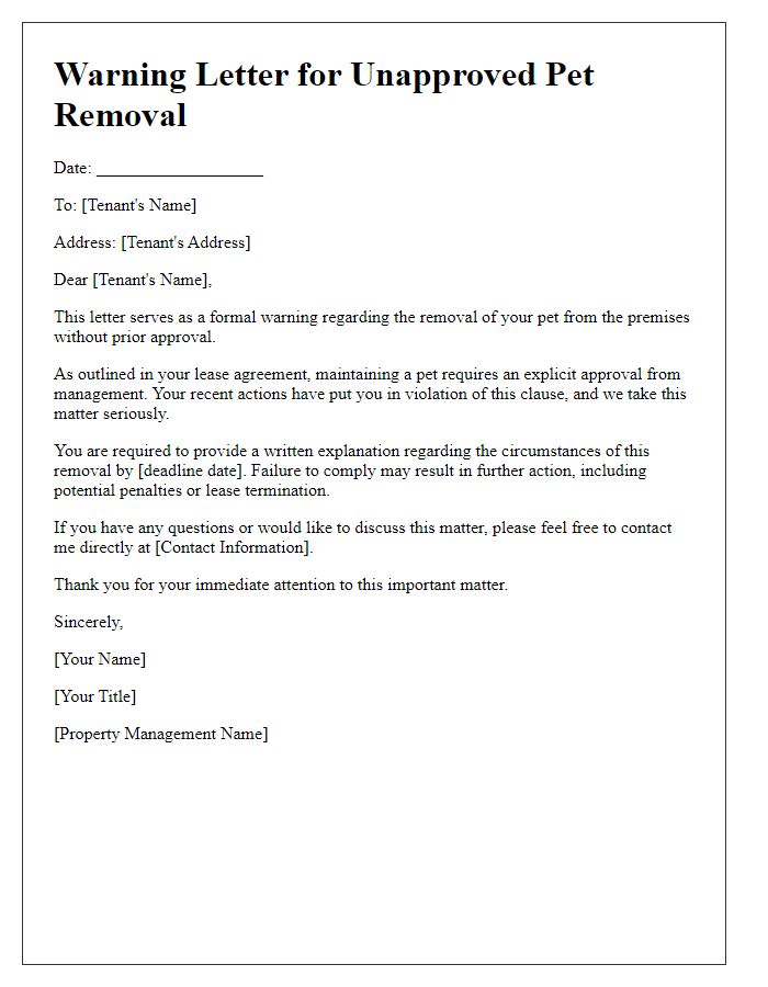 Letter template of warning for unapproved pet removal