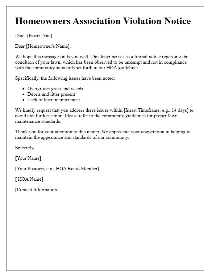 Letter template of HOA violation alert for unkempt lawns.