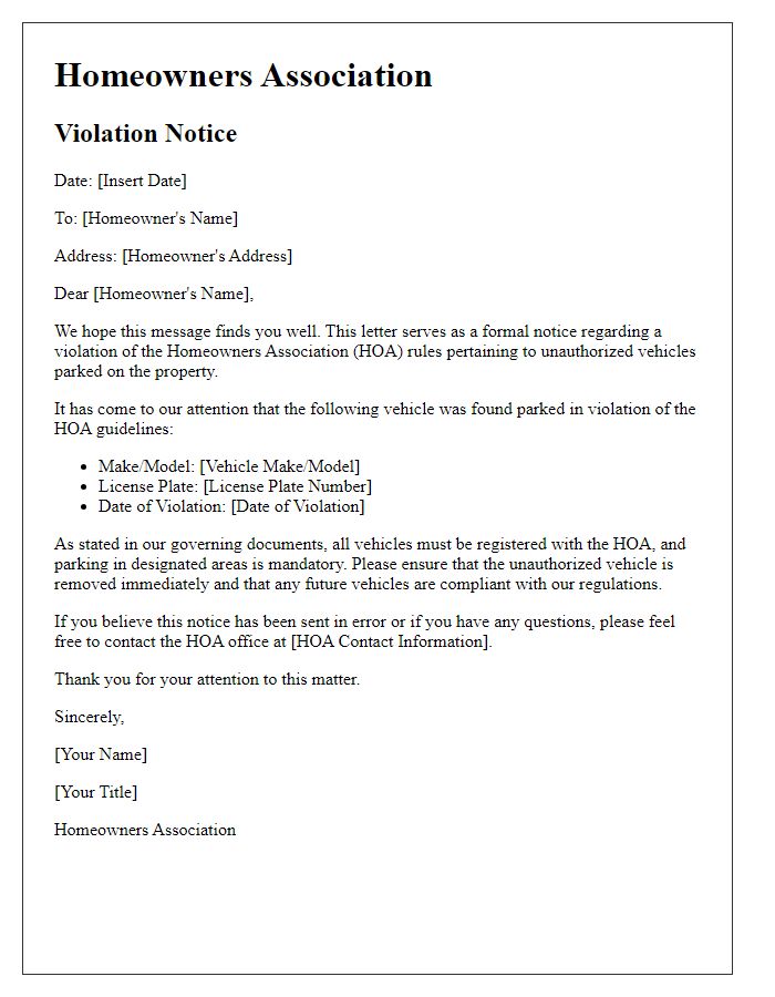 Letter template of HOA violation communication for unauthorized vehicles.