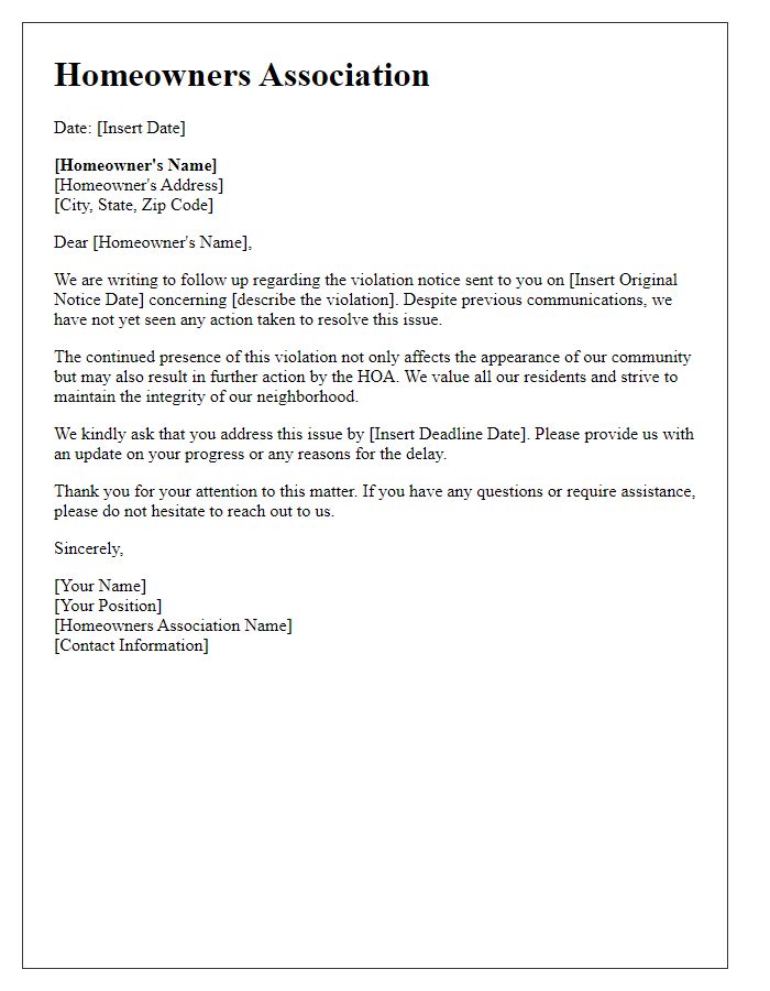 Letter template of HOA violation follow-up for unresolved issues.