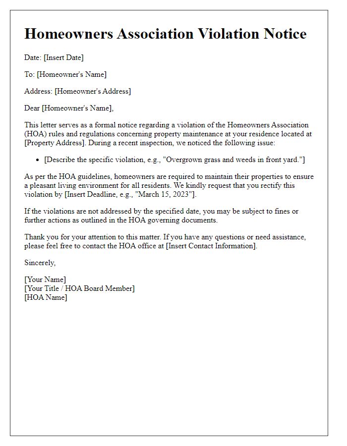 Letter template of HOA violation notice for property maintenance.