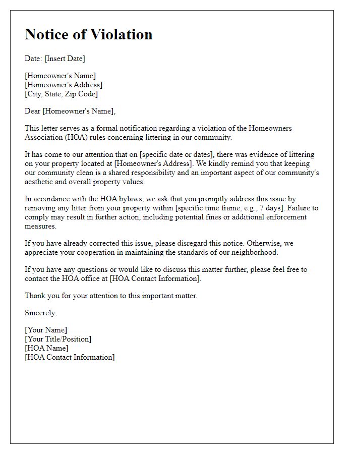 Letter template of HOA violation notification for littering complaints.