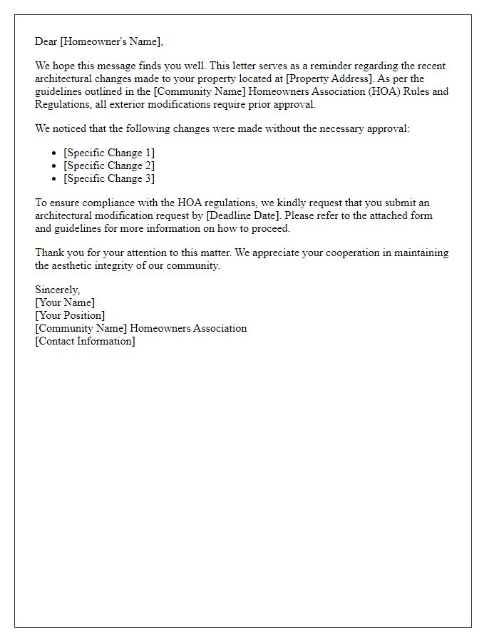 Letter template of HOA violation reminder for architectural changes.