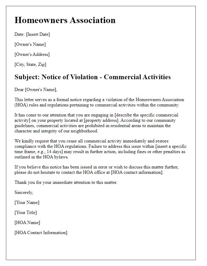 Letter template of HOA violation warning for commercial activities.