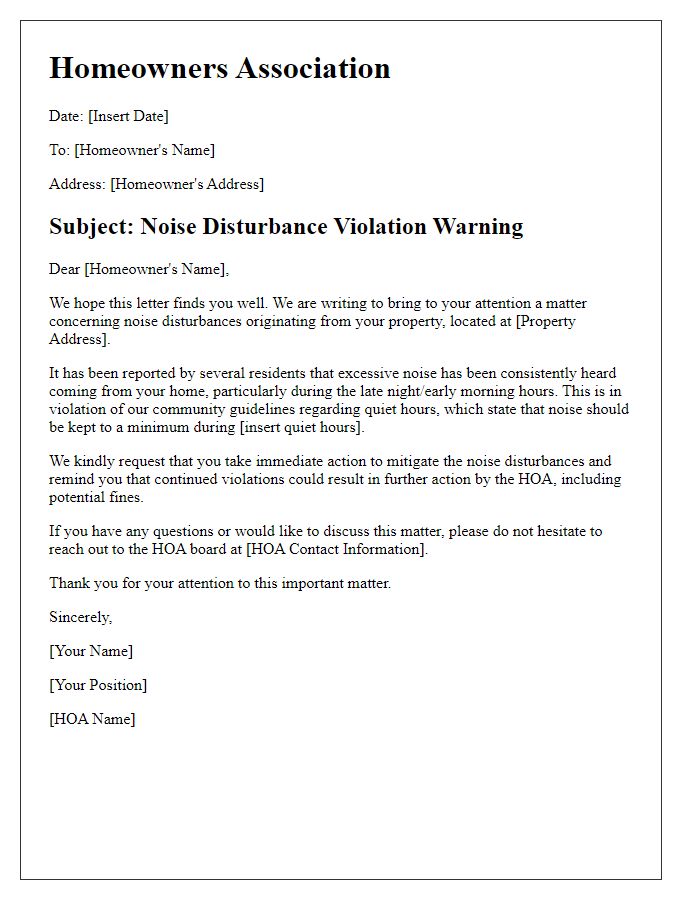 Letter template of HOA violation warning for noise disturbances.