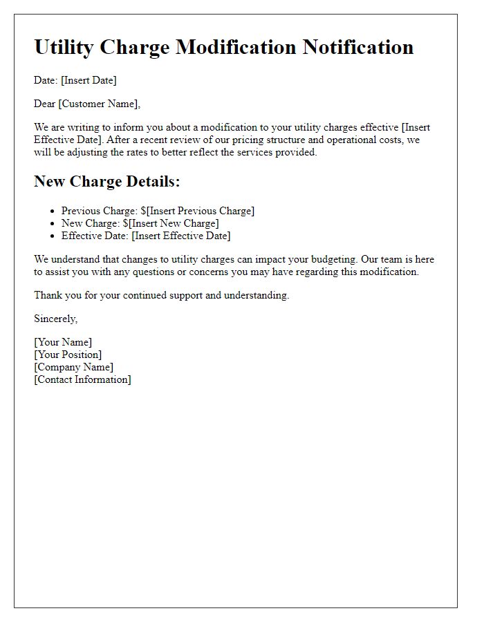 Letter template of information on utility charge modification