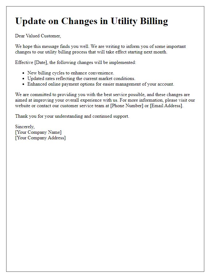 Letter template of update on changes in utility billing