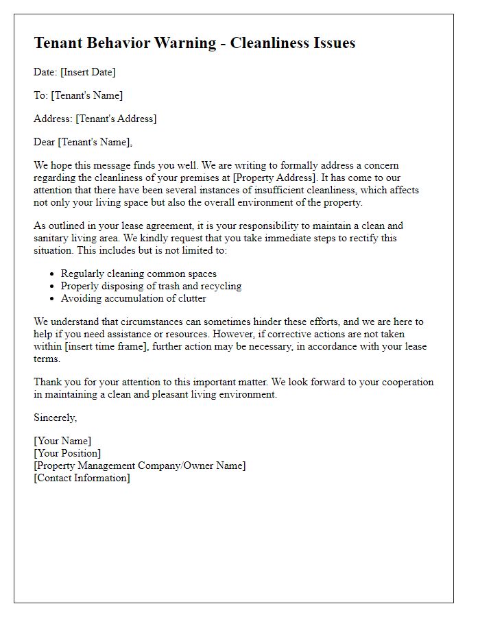 Letter template of tenant behavior warning for cleanliness issues