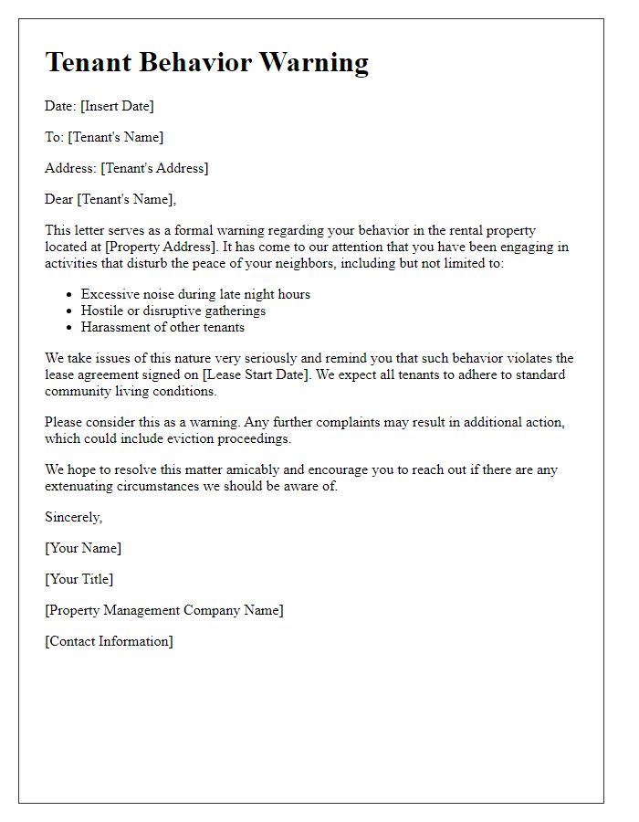 Letter template of tenant behavior warning for disturbing the peace