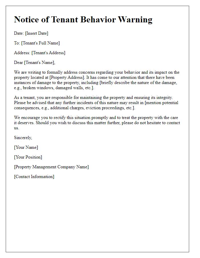 Letter template of tenant behavior warning for property damage