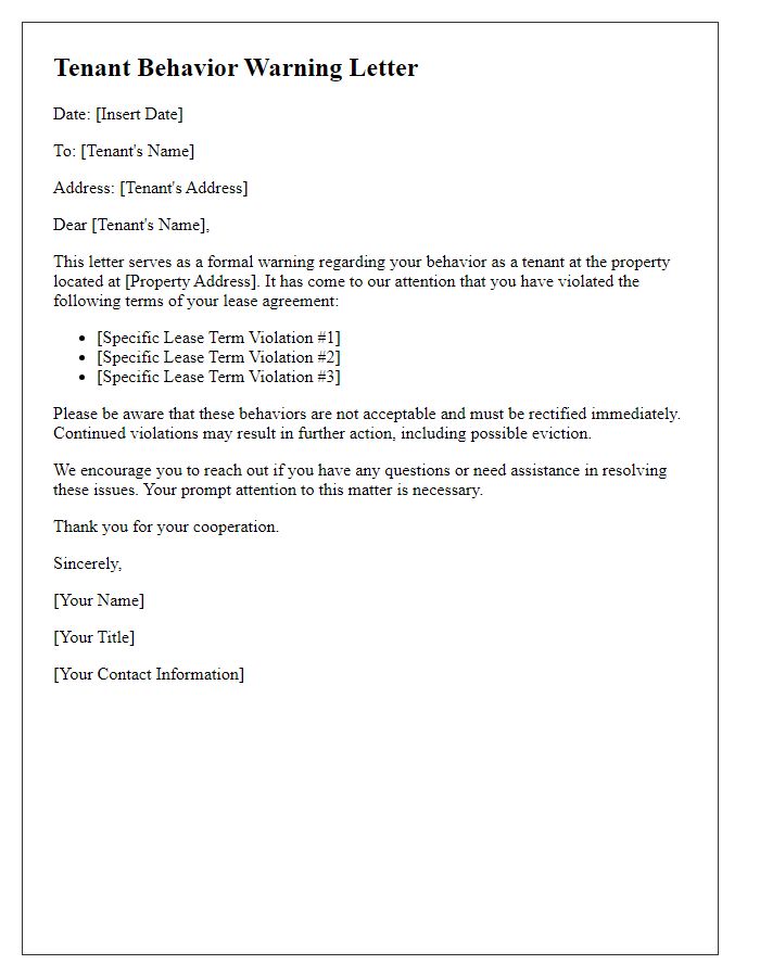 Letter template of tenant behavior warning for violation of lease terms
