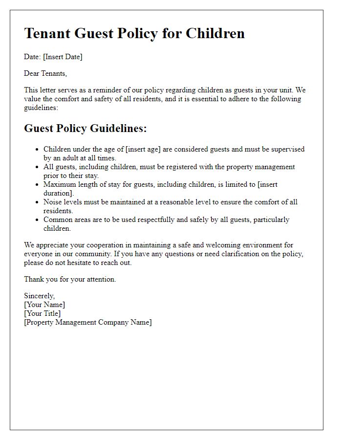 Letter template of tenant guest policy for children as guests.