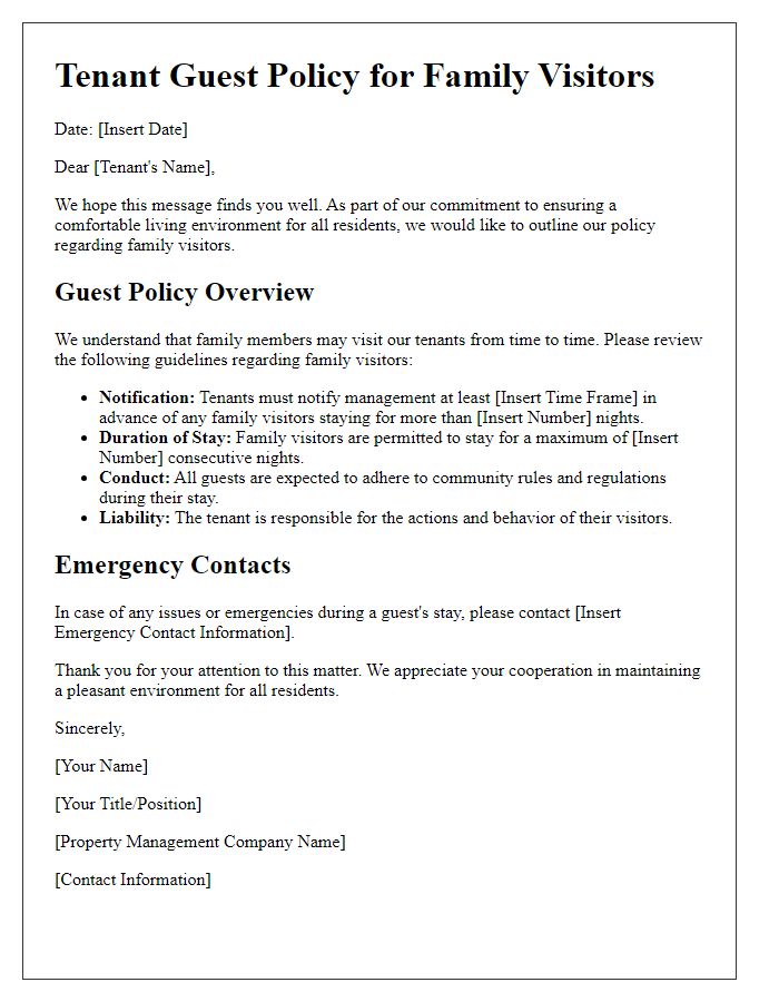 Letter template of tenant guest policy for family visitors.