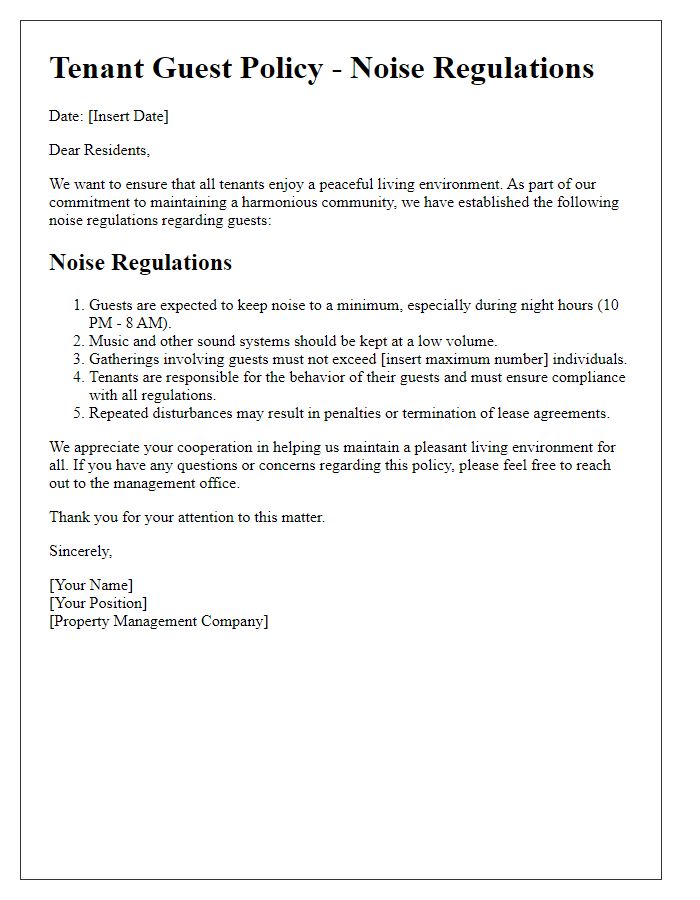 Letter template of tenant guest policy for noise regulations.