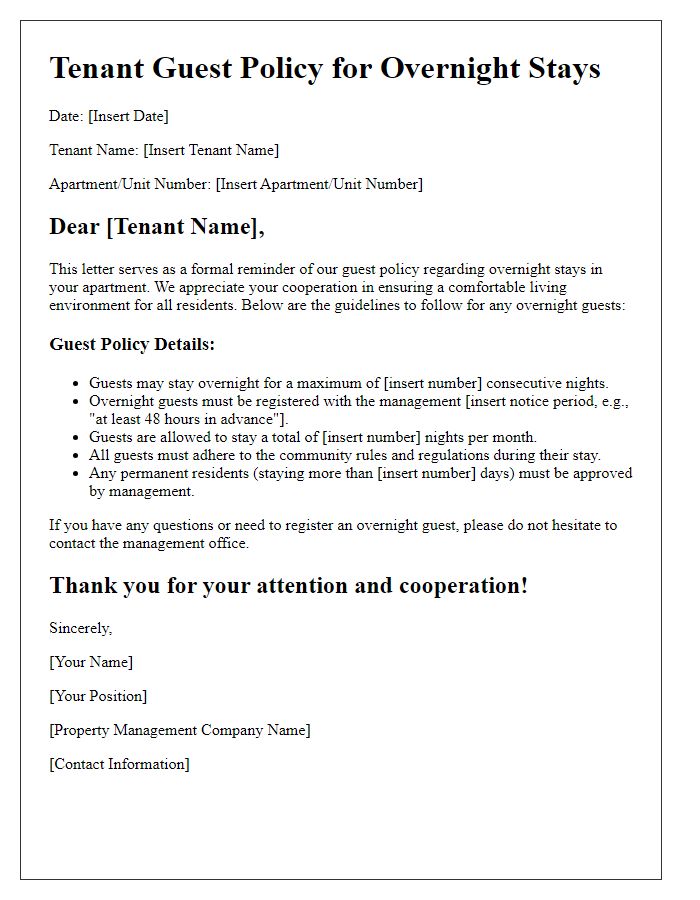 Letter template of tenant guest policy for overnight stays.