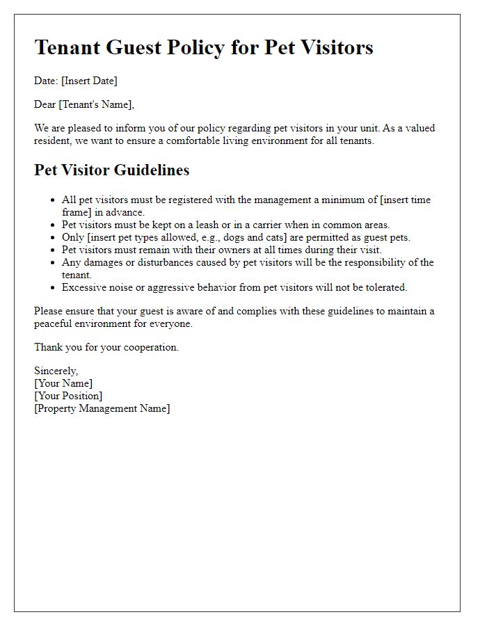 Letter template of tenant guest policy for pet visitors.