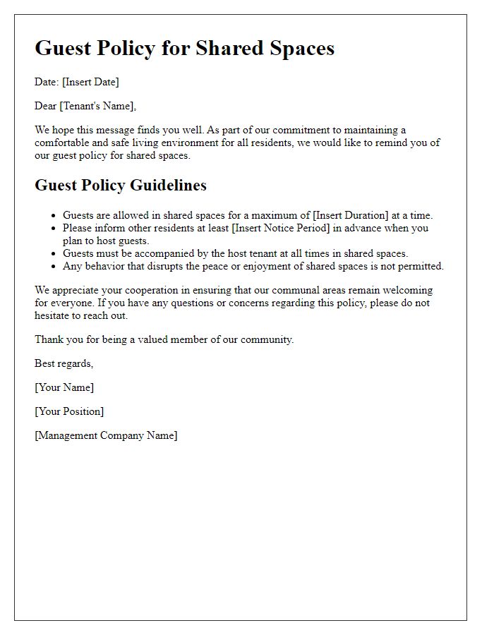 Letter template of tenant guest policy for shared spaces.