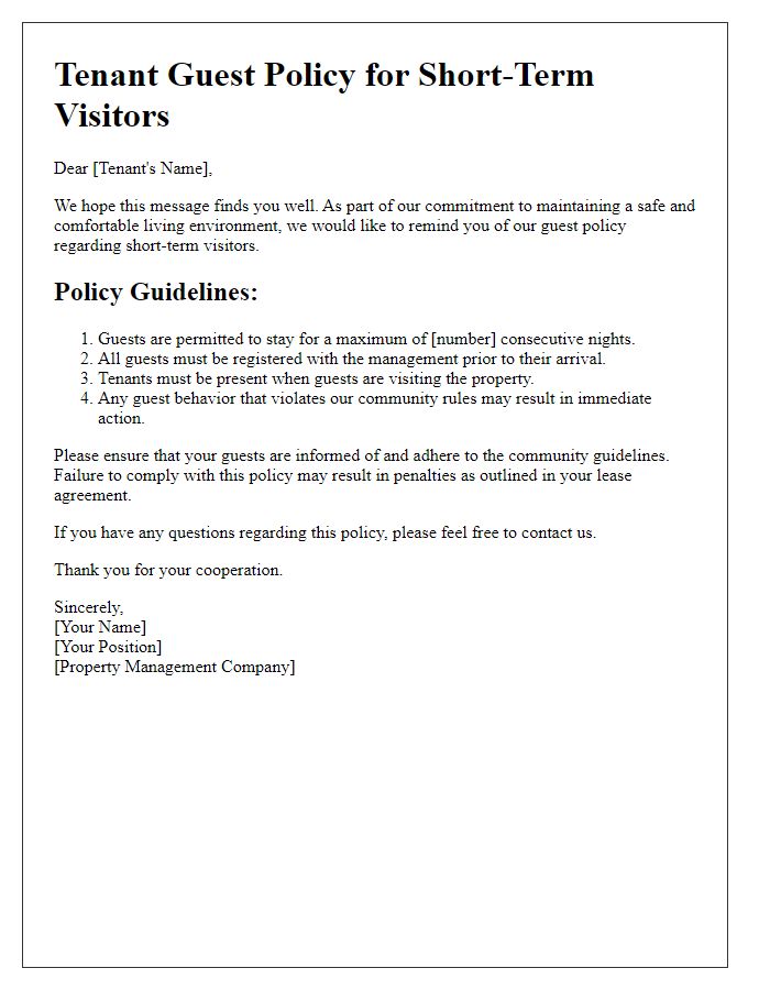 Letter template of tenant guest policy for short-term visitors.