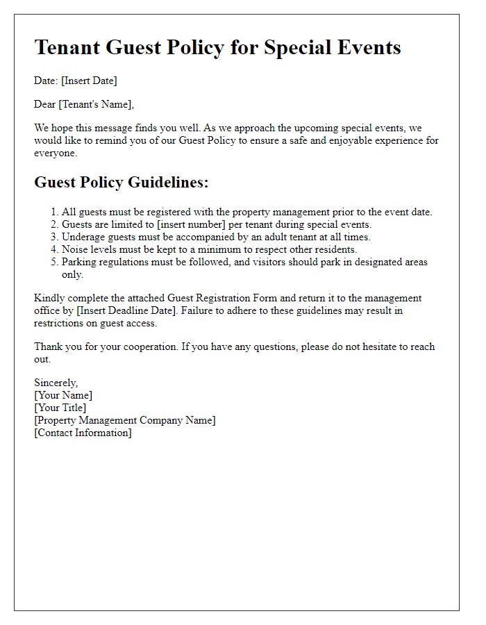 Letter template of tenant guest policy for special events.