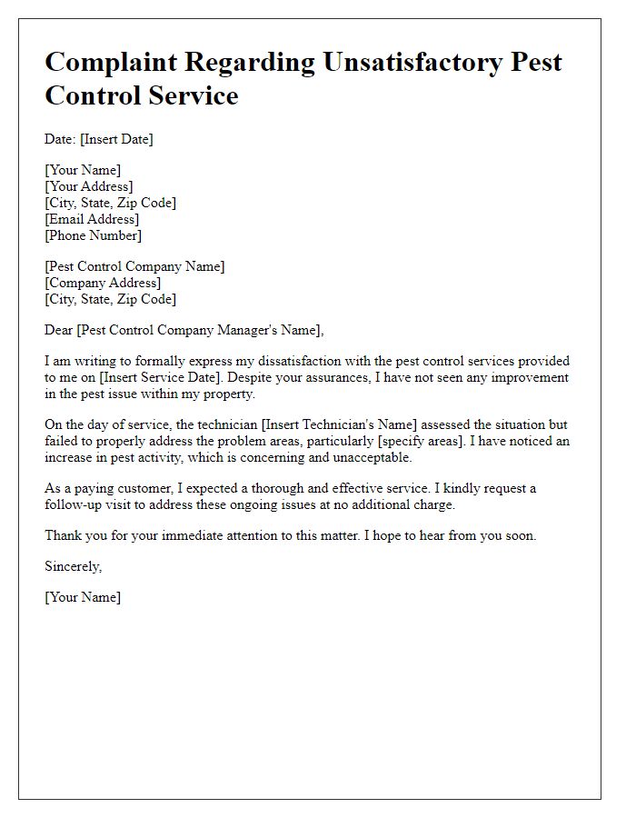 Letter template of pest control complaint for unsatisfactory service.