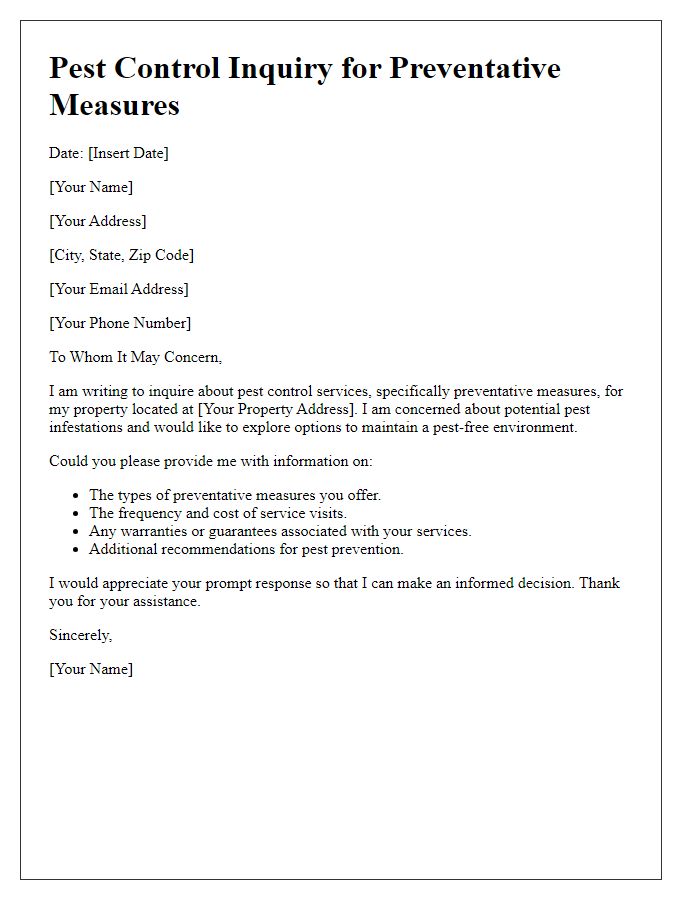 Letter template of pest control inquiry for preventative measures.